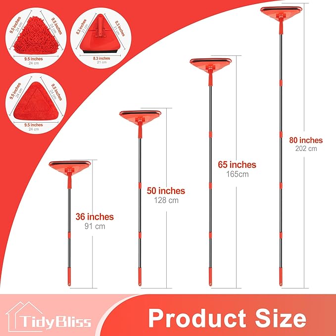 Wall Cleaning Mop with Long Handle 80” Ceiling Duster Scrubber with 360° Swivel Collapsible Head Baseboard Cleaner Tool with 3 Chenille and 3 Microfiber Pads for Windows Floor (Red)