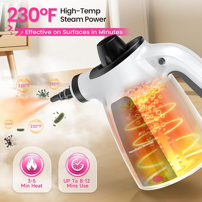 LABIGO Steam Cleaner Pressurized Handheld Multi-Surface Natural Steam Cleaner with 12pcs Accessory &amp Safety Lock Portable Steamer for Cleaning Home Kitchen Bathroom Car Upholstery Grout Wi