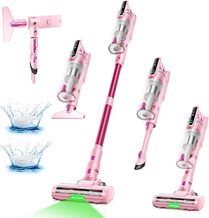 Trucozie Cordless Vacuum Cleaner Self-Standing Lightweight Stick Vacuum with 50 mins Runtime Powerful Suction Anti-Tangle Wireless Vacuum for Home Hardwood Floor Carpet Pet Hair Pink