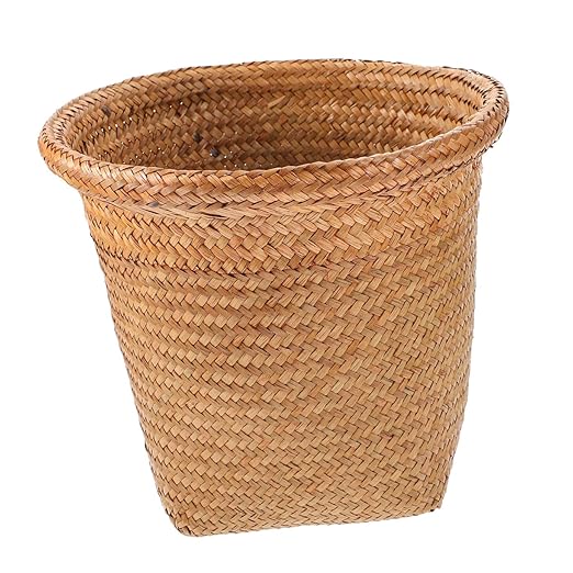 Kichvoe Woven Straw Wastebasket Medium Versatile Trash Bin for Office Bedroom Living Handmade Rubbish Container for Paper Tissues and Storage Random Color