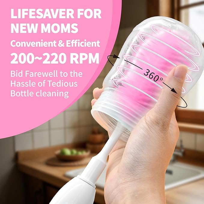 Electric Bottle Brush Cleaner Portable Electric Baby Bottle Brush Cleaner for Travel Rechargable Travel Bottle Cleaner Kit with Nipple &amp Straw Brush Perfect Mom Essentials After Birth Gift Pin
