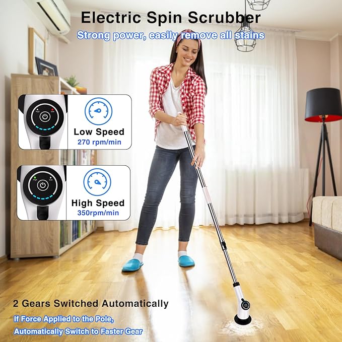 Electric Spin Scrubber Cordless Cleaning Brush with 8 Replaceable Brush Heads and Adjustable Extension Handle Power Scrubber Dual Speed Shower Scrubber for Tub Tile Floor Bathroom Kitchen Car