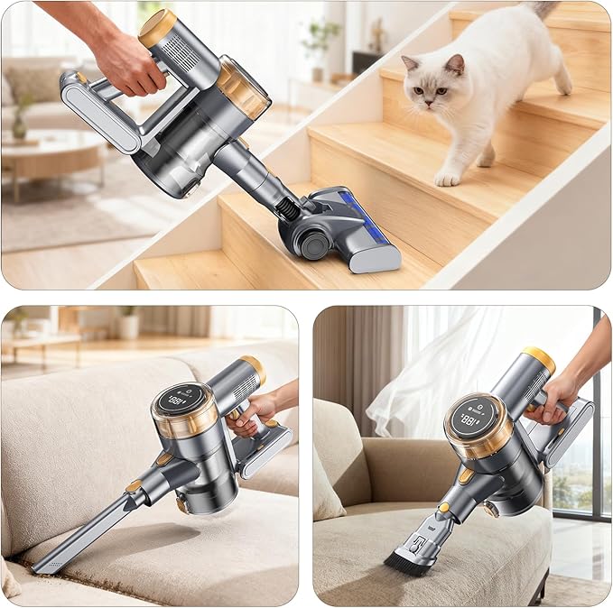 Cordless Vacuum Cleaner 30Kpa Vacuum Cleaners for Home Stick Vacuum with LED Display 2 Roller Brushes for Anti-Tangle &amp Hard Floor 6 in 1 Lightweight Vacuum for Hard Floors Carpet Pet Hair