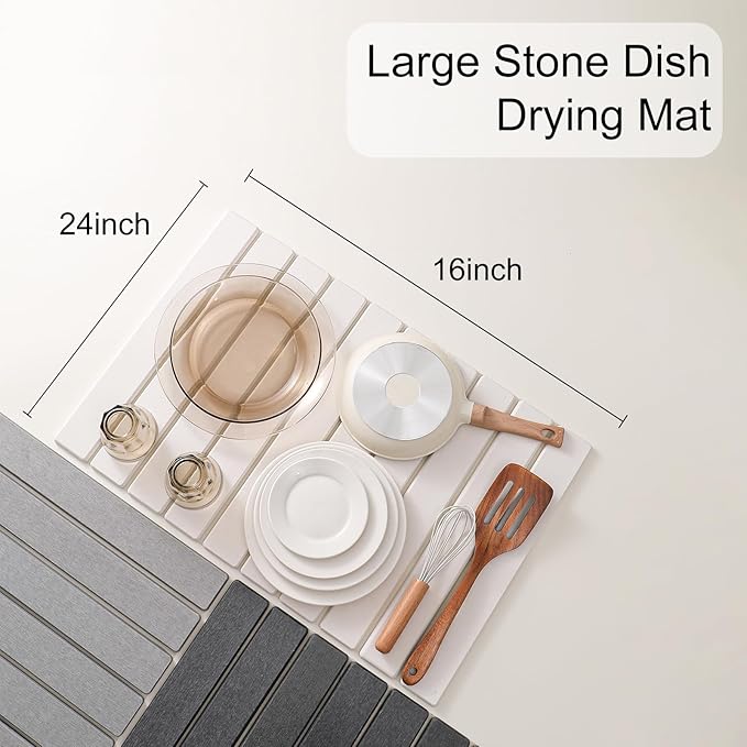 Large Stone Drying Mat for Kitchen Counter 24''L x 16''W Diatomaceous Earth Collapsible Dish Drying Mat Quick Drying Mat Glasses and Flatware Matches Any Countertop (Dark Gray 24'' x 16'')