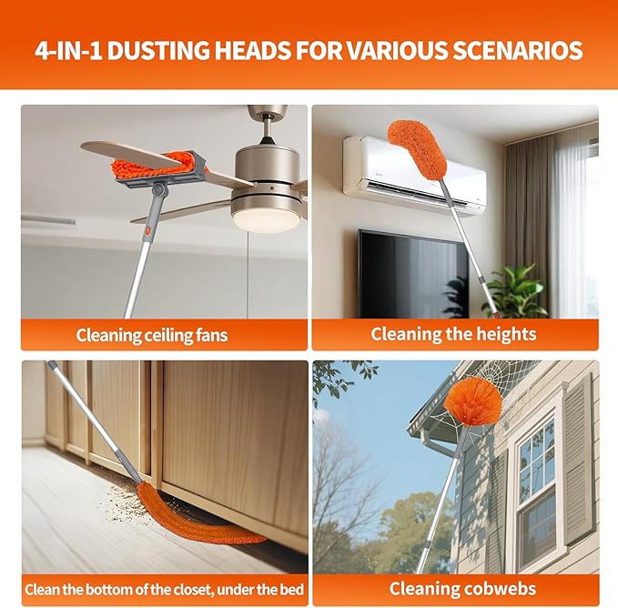 Ceiling Fan Cleaner Duster with 72‘’ Extendable Long Handle Cleaning Duster Kit Reusable Chenille &amp Microfiber Mop Head for High Ceiling Fan Blade Wall Blinds Cobweb