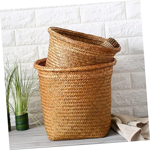 Kichvoe Seagrass Trash Can 2pcs Round Wicker Waste Basket Boho Woven Garbage Bin Laundry Hamper Basket Rattan Plant Pot Cover for Kitchen Bathroom Home Office