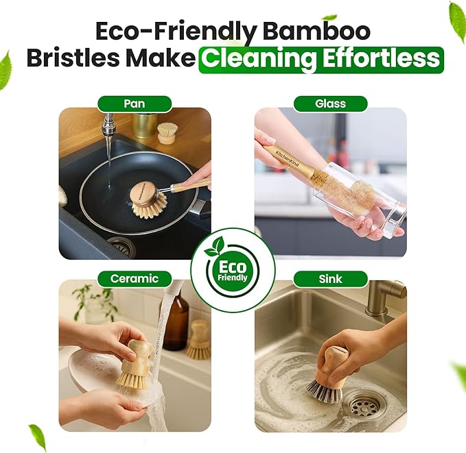Clean &amp Kind Gift Set – Premium 6-Piece Eco-Friendly Bamboo Kitchen Brush Set with Natural Bristles &amp Wooden Handles