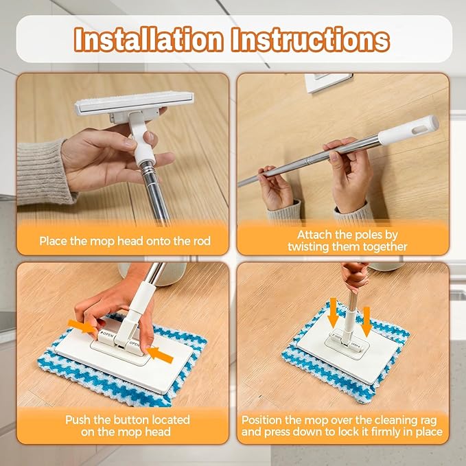 Mini Mop Zero Touch No Wash Lazy Mop with One-Click Cloth Change Compatible with Face Towels Adjustable for Wet/Dry Floors Tile Hardwood Corners (10 Reusable Cloths)