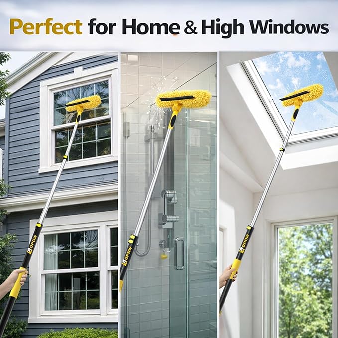18FT High Reach Window Squeegee with Extension Pole 2 in 1 Window Washing Kit with 3-Stage Telescopic Pole &amp Rotatable Head No-Ladder Window Cleaner for High Window Solar Panel RV &amp Outdoo