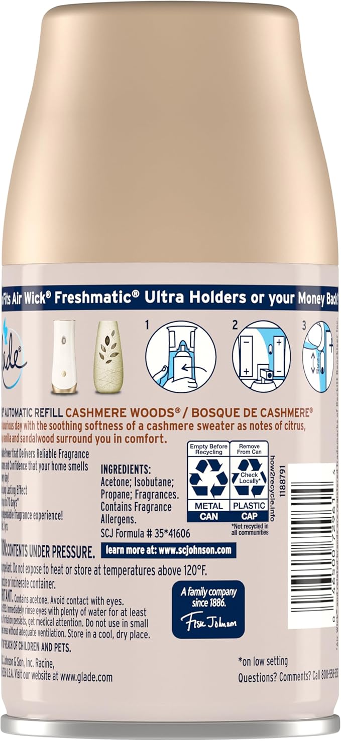 Glade Automatic Spray Refill and Holder Kit Air Freshener for Home and Bathroom Cashmere Woods 6.2 Oz 6 Count