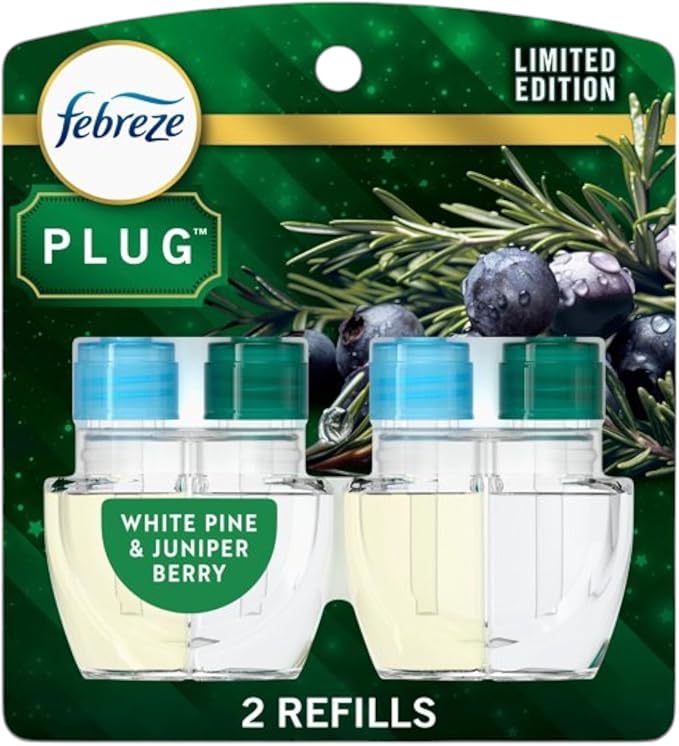 Febreze Odor-Fighting Fade Defy Plug in Air Freshener Refills Fall Scents Winter Luxe Limited Edition - (2) of 0.87 fl oz Refills (White Pine &amp Juniper Berry)