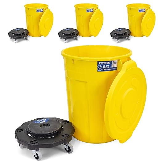 Magnum Yellow 32 Gallon Trash Can Set (Trash Can Quiet Dolly and Reinforced Lid) Construction Grade Jobsite Ready Non-Marking Wheels &amp Casters for Rolling Garbage CMTC-CLD0-32Y04 (4 Set)