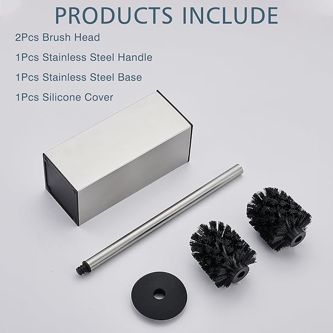 FORIOUS Toilet Brush and Holder Set Heavy Duty 304 Stainless Steel Base Square and Long Handle for Bathroom Deep Cleaning Drip-Proof Space Saving for Storage 2 Toilet Bowl Brush Head