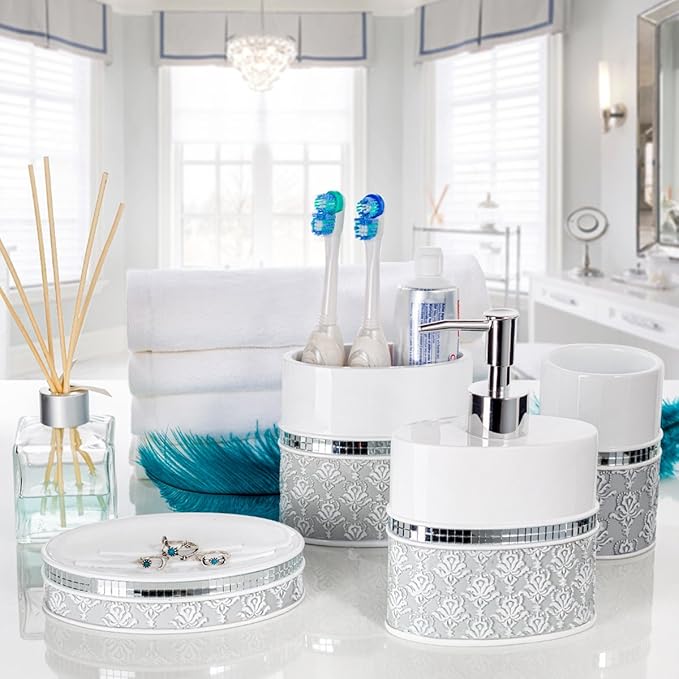 Creative Scents Mirror Damask Bathroom Accessory Set Complete - Decorative 4 Piece White and Gray Bathroom Set Includes: Soap Dispenser Soap Dish Toothbrush Holder and Tumbler