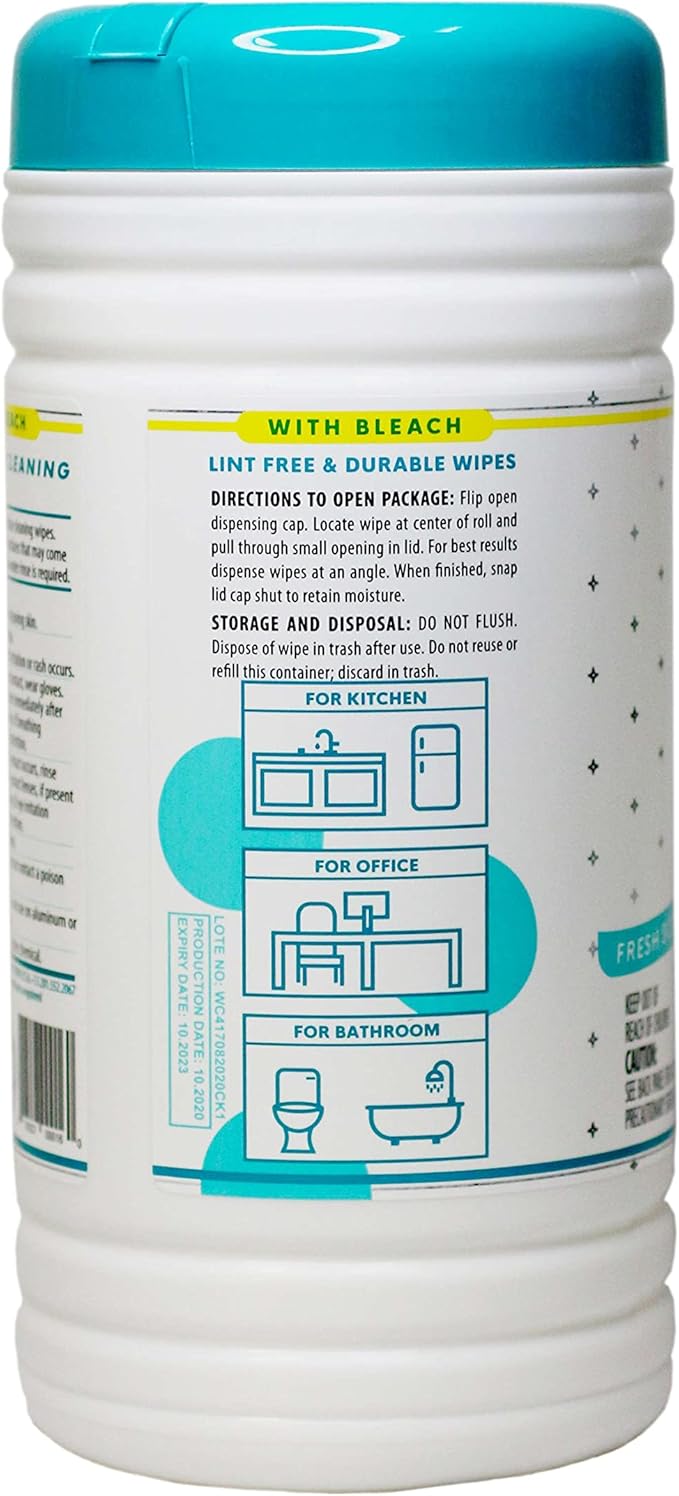 6 Pack Surface Cleaning Wipes with Bleach All-Purpose Cleaner for Bathroom Kitchen Office 450 Count Canister Fresh Scent 7.5 x 7 Sheet Lint Free &amp Durable