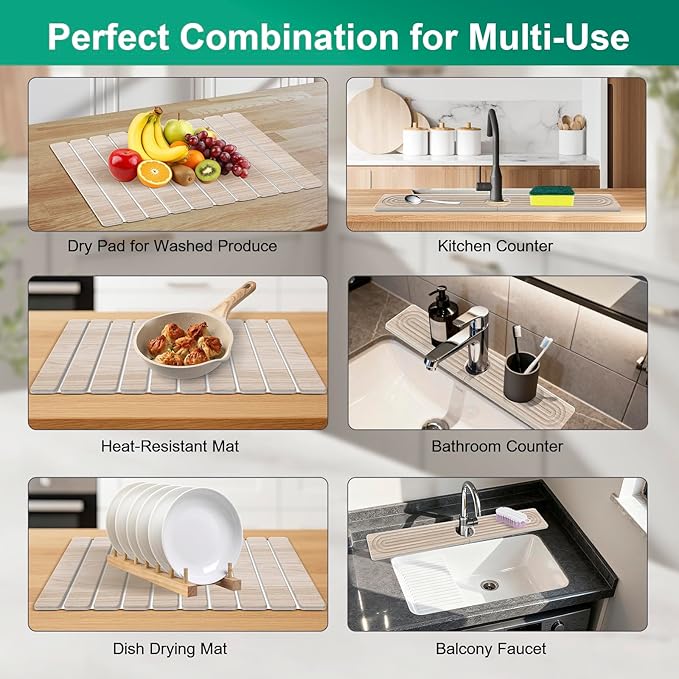Stone Drying Mat for Kitchen Counter 24x16 Water Absorbing Dish Drying Mat with 24x4 Faucet Mat for Kitchen Sink Diatomaceous Earth Quick Dry Stone Mats for Dishes Bottles Cups (Wood Grain)