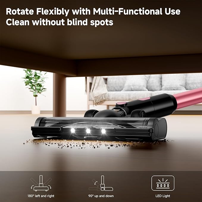 Cordless Vacuum Cleaner 8 in 1 Powerful Stick Vacuum with 45min Runtime Anti-Tangle Vacuum Cleaners for Home Lightweight Handheld Wireless Vacuum for Hardwood Floor Carpet pet Hair Rose B