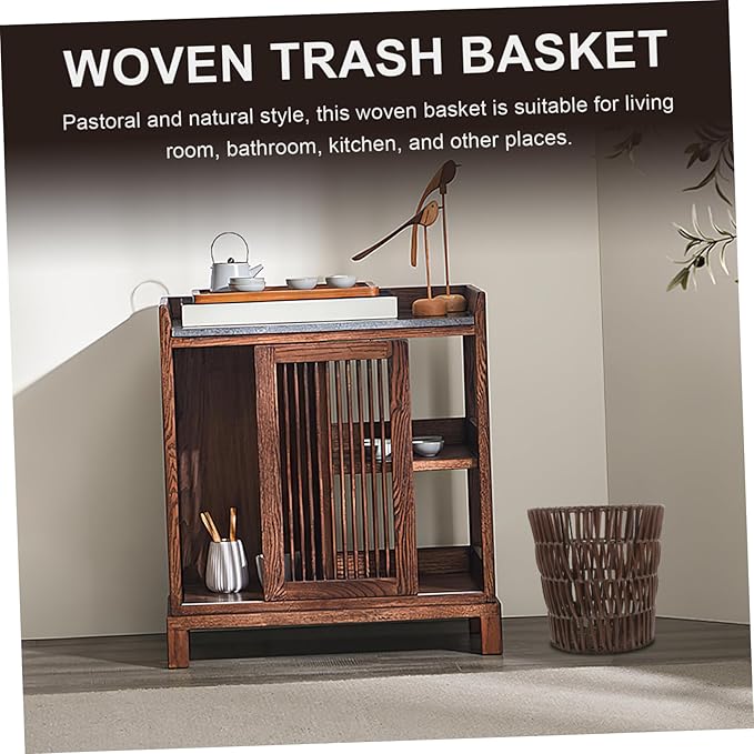 Happyyami Woven Waste Basket Multi Functional Storage Holder for Clothes and Sundries Rustic Design Small Laundry Basket for Home Organization