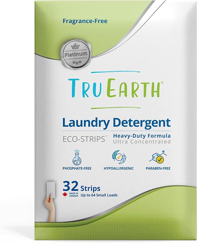Tru Earth Platinum - Heavy Duty Laundry Detergent Sheets - Up to 64 Loads (32 Count) Fragrance Free - Ultra-Concentrated Strips Formula - Eco-Friendly Laundry Sheets