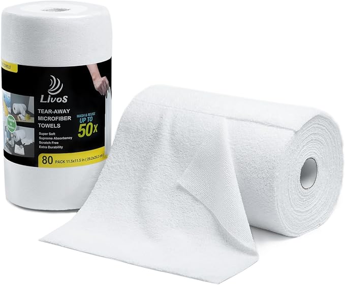 LIVOS Microfiber Cleaning Cloth Roll - 80 Pack Reusable Paper Towels White Tear Away Microfiber Towels for Car Super Absorbent Lint Free Cleaning Rags for House KitchenWindow- 11.5x11.5