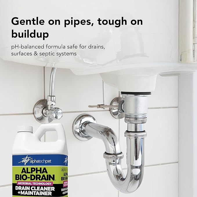 ALPHA BIO-DRAIN - Enzyme-Based Maintenance to Help Prevent Clogs and Reduce Odors from Pet Waste Grease Hair in Drains and Septic Systems - ½ Gallon by Alpha Tech Pet
