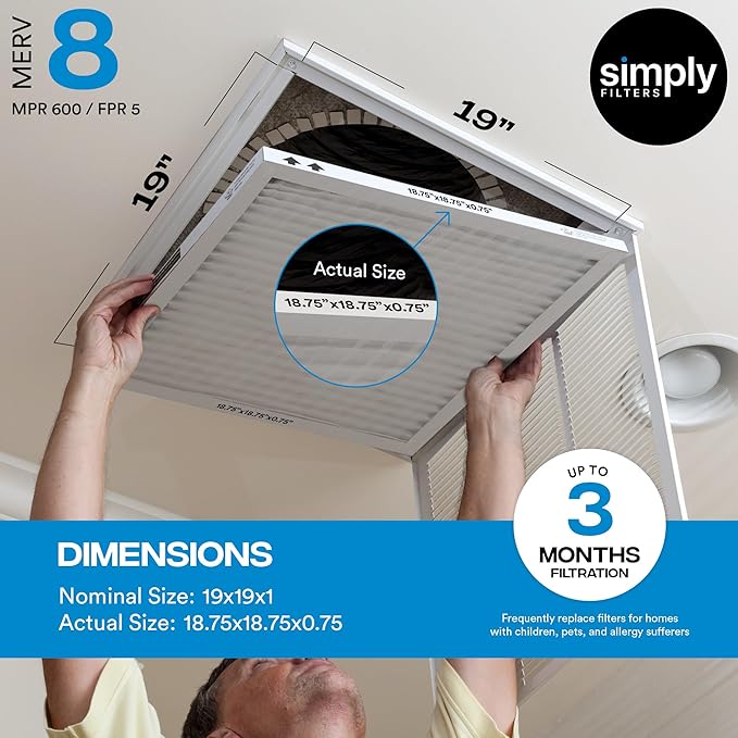 Simply 19x19x1 Air Filter Merv 8 6 Pack For Home AC Furnace &amp HVAC (Actual Size: 18.75x18.75x0.75) DUST Pet &amp Allergy Control