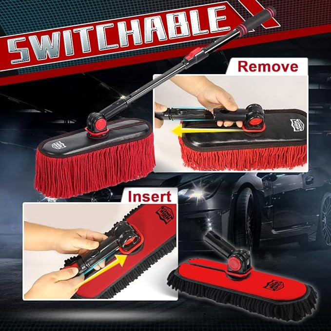 2In1|2MOPS(Car Wash Brush Mop*1 &amp Car Duster Mop*1) with 1 Long Handle|Microfiber Car Brushes for Washing ExteriorCar Wash Accessories Scratch FreeCar Wash Mop for Rv Truck Boat