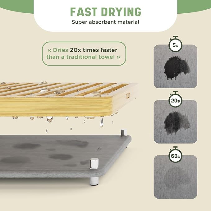 NIUM Stone Drying Mat for Kitchen Counter &amp Bamboo Rack - 16″x12″ - Diatomaceous Earth Dish drying mat Ultra Absorbent &amp Fast Drying - EcoFriendly with Non-Slip Pads &amp Anti-Moisture Design