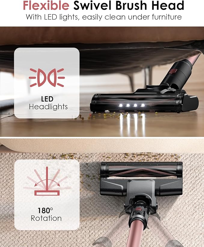 Vexilar Cordless Vacuum Cleaner Self-Standing Rechargeable Stick Vacuum Cleaners for Home 35mins Runtime LED Screen 6-in-1 Lightweight Handheld Vacuum for Hard Floor Carpet (Pink)