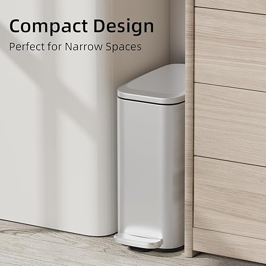 KUK Slim Bathroom Trash Can with Lid 1.6 Gal / 6L Stainless Steel Small Garbage Bin with Detachable Inner Bucket Step Pedal Silent Close Wastebasket for Toilet Bedroom Home Office (Silver)