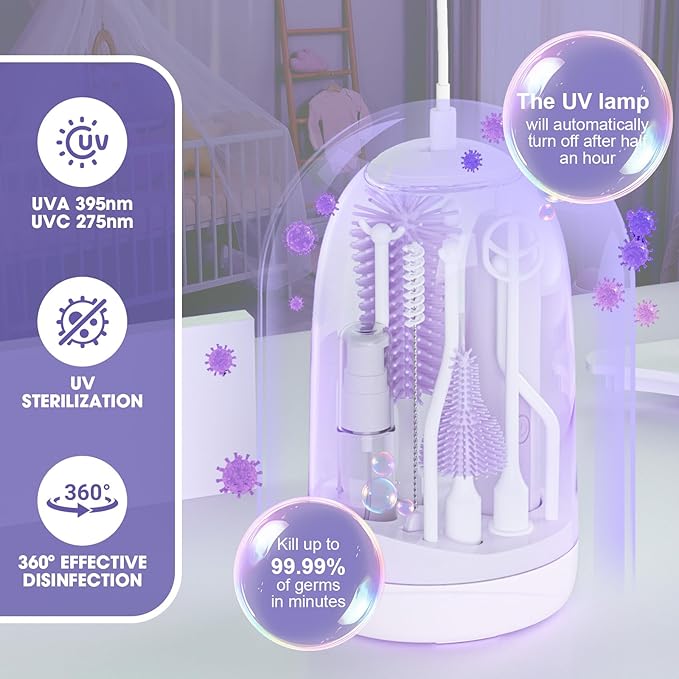 Electric Bottle Brush CleanerElectric Baby Bottle Brush Cleaner with Silicone Nipple&ampStraw BrushSoap DispenserDrying Rack-WaterproofLong Battery LifeTravel Bottle Cleaner Kit for Babies