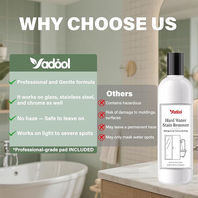 Hard Water Stain Remover Powerful Shower Glass &amp Door Cleaner Easily Removes Tough Water Spots Lime Calcium &amp Soap Scum Build Up Ideal for Bathroom Glass Toilet Bowl and More - 16.91oz
