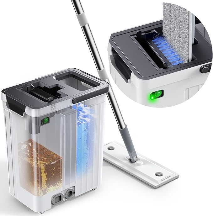 Mop and Bucket Set | Auto-Spray Cleaning | Dirty Water Separation Keep Water Fresh | Flat Mop &amp Bucket with Scraper | 3X Washable Pads | Mops for Floor Cleaning All Floors Tile Wall Window
