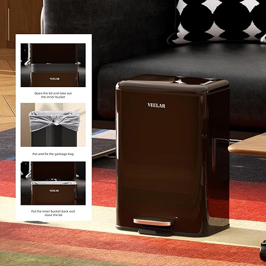 Bathroom Trash Can with Lid - Motion Sensor Smart Garbage Bin with Toilet Brush 2 Gallon / 7L Small Automatic Trash Can Odor-Control for Bathroom (Coffee with Foot Pedal)