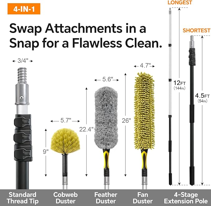 4-12Ft Telescoping Extension Pole Kit 4-in-1 High Reach Duster with Chenille Microfiber Feather &amp Cobweb Duster Attachments for Ceiling Wall Hard-to-Reach Indoor &amp Outdoor Cleaning Yellow