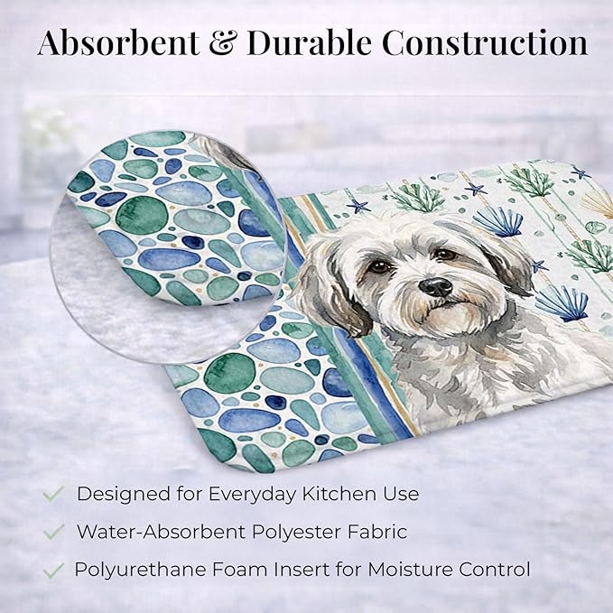 Caroline's Treasures White with Gray Coton de Tulear Coastal Sea Glass Dish Drying Mat Absorbent Dish Drying Mat Pad for Kitchen Counter Dish Drainer Mat for Countertop 14 x 21 Multicolor