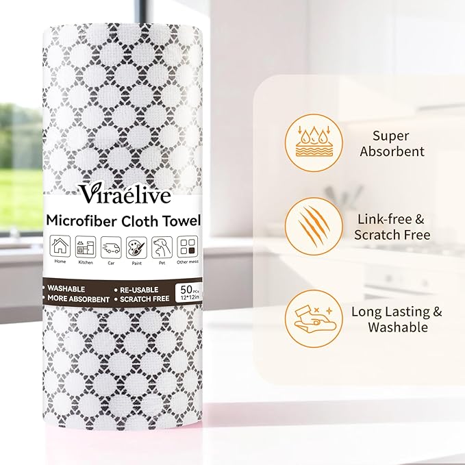 Microfiber Cleaning Cloth Roll 50-Count Reusable Durable No Streaks Absorbent Lint-Free Non-Scratch Easy Tear-Away Towels Dish Rags for Kitchen Home Car &amp Glasses White Waffle 12x12 in