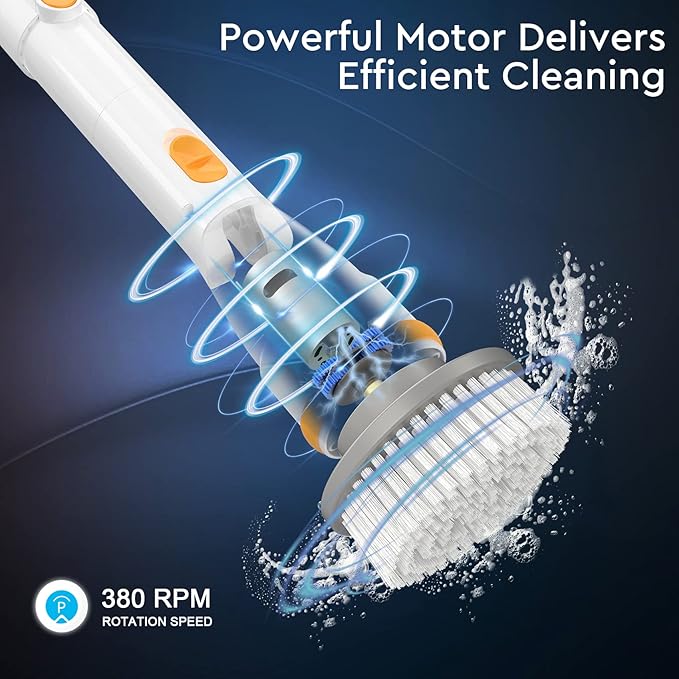 Electric Spin Scrubber KIKOLIN 380RPM High Speed Power Scrubber Cordless Cleaning Brush 2 Speeds for Bathroom Tub Shower Floor with 4 Replaceable Brush Heads and Adjustable Extension Long Handle
