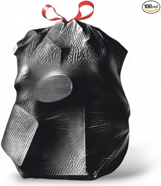 Mighty Flex 30 Gallon Trash Bags Drawstring 100ct Heavy-Duty Large Garbage Bags Ultra-Flexible Leak and Odor-Resistant Plastic Garbage Bags for Home and Commercial Use Unscented (Black)
