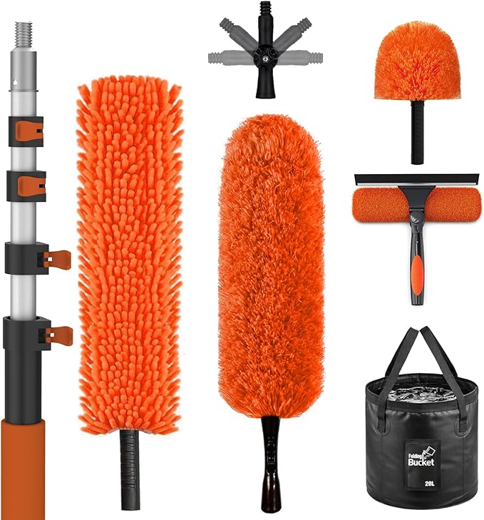 36FT Reach High Ceiling Duster Kit Window Cleaning kit with 7-30FT Extension Pole Fan Duster for Ceiling Fan Blades Microfiber Feather Duster Window Squeegee Bucket and Cobweb Duster