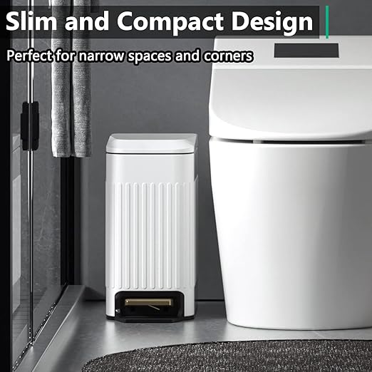 Small Bathroom Trash Can with Lid Soft Close-6L/1.6 Gal Slim Step Garbage Can-Metal Pedal Wastebasket-Narrow Rectangle Garbage Container Bin for Corner Office Bedroom Toilet Live Room-White