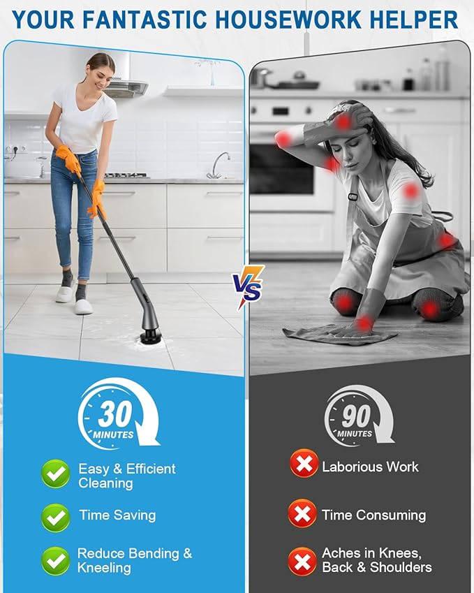 Electric Spin Scrubber -[Upgraded Version] [IPX7 Waterproof] Bathroom Scrubber Electric with 7 Brush Heads 2 Speed 400 RPM Power Scrubber with Detachable Long Handle for Bathroom Home