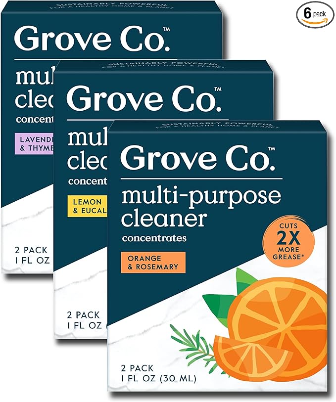 Grove Co. Multi-Purpose Cleaner Refill Concentrate (6 x 1 Fl Oz) Plant-based Household Cleaning Supplies Ammonia &amp Chlorine Free No Plastic Waste 3 Scent Variety Pack Total 3 x 2 Pack Refills