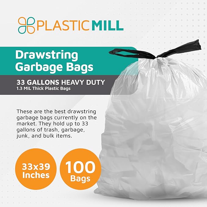 PlasticMill Drawstring Trash Bags - Clear Garbage Bags - Plastic Trash Bags - Tall Trash Bags Trash Can Liners - 33-Gallon Large Kitchen Trash Bags 0.9 Mil 33x39 (100-Count)