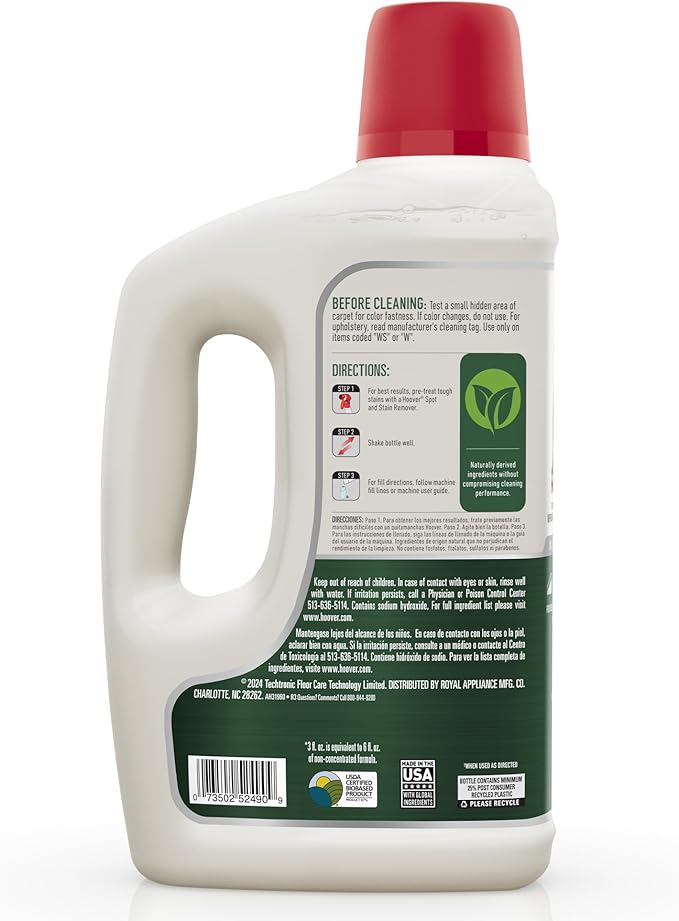 Hoover Pure Essentials Carpet Cleaner Solution 50 oz. Fresh Rain Scent Natural Plant Based Formula Deep Cleaning Carpet Shampoo Solution Pair with Hoover Carpet Cleaner Machine