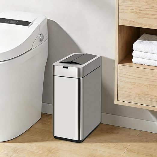 Sensor Trash Can with Butterfly Lid 2.6 Gallon Rectangular Automatic Garbage Can Stainless Steel Trash Bin Slim Waterproof Wastebaskets with Lid Soft Close for Under Counter Silver