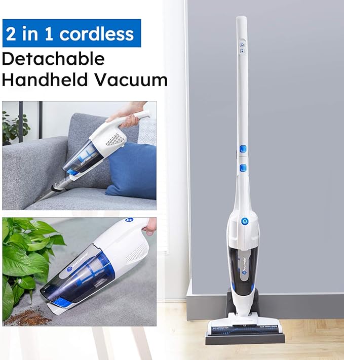 Vacmaster VSD1801 Cordless Handheld &amp Stick Vacuum Cleaner 2 in 1 Rechargeable Li-ion Battery Powerful Lightweight for Hardwood Floor Carpet and Pet Hair White
