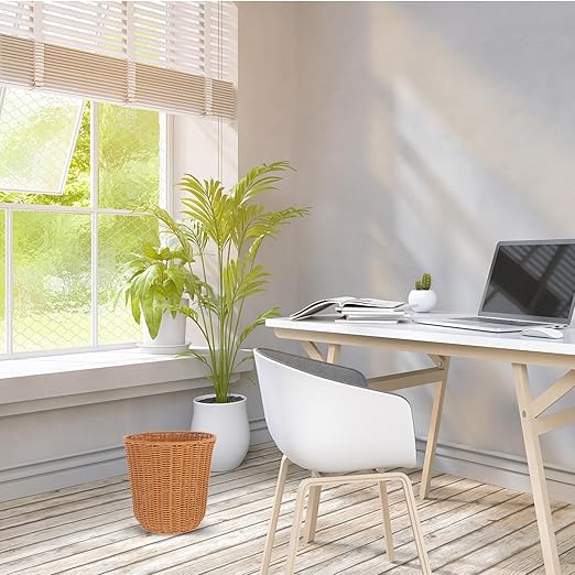 Kichvoe Woven Trash Can Storage Basket Versatile Household Wastebasket Imitation Rattan Design Decorative Sundries Basket for Living Room Bedroom and Bathroom Use