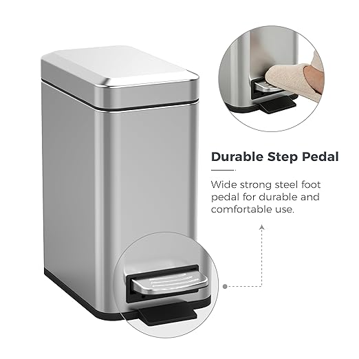 Sineng 1.6 Gallon Stainless Steel Slim Rectangular Pedal Trash Can with Soft Close LidSpace-Saving Waste Bin for BathroomBedroomDurable Pedal Step Trash canCompact Trash bin