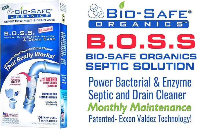 B.O.S.S.- Bio-Safe Organics Septic Solution &amp Drain Care 12.5 oz Powder - Patented Bacteria Enzyme Exxon Valdez Septic Tank Maintenance &amp Drain Care Formula All Septic Tank Systems &amp Drai